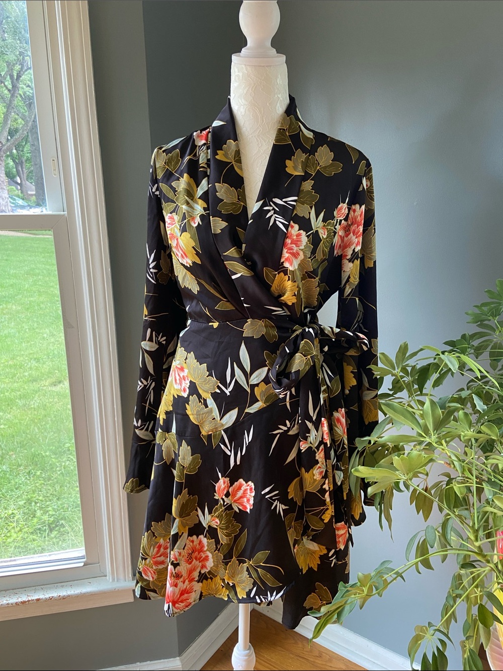 NWT FORE Floral Satin Wrap Dress - Black with Green & Coral Floral